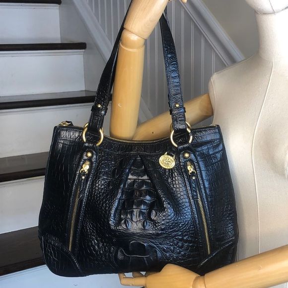 BRAHMIN Black Selma Croc Embossed Leather Pleated Shoulder Tote Bag Top Zipper - Picture 9 of 17
